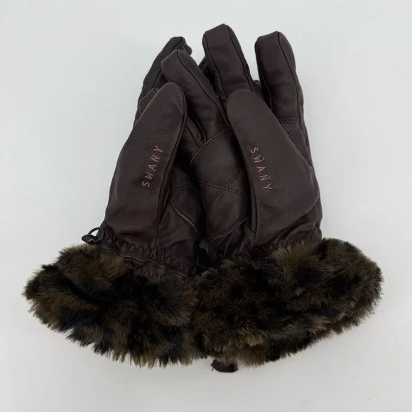 Swany Brown Genuine Leather Gloves With Faux Leopard Fur Trim Womens Size Medium - Picture 1 of 5